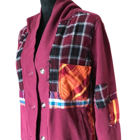 Upcycled Patchwork Hoodie, Size M: Magenta Boho Snap Front Jacket, Campus Grunge - Picture 9 of 17